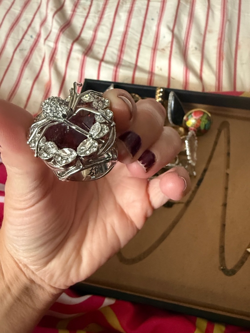 Silver Spider Cocktail Ring with Deep Red Stone - Picture 2 of 2